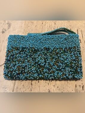 Elegant Vintage Beaded Wristlet evening bag turquoise multi Zip closure